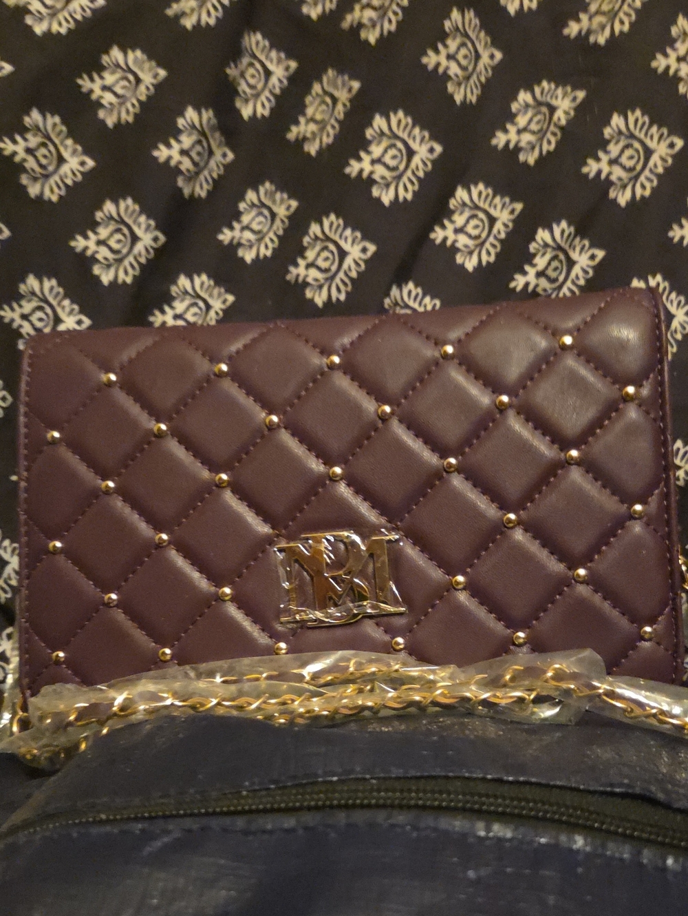 Badgley Mischka Quilted Stud Chain Crossbody Bag - Dark Plum
